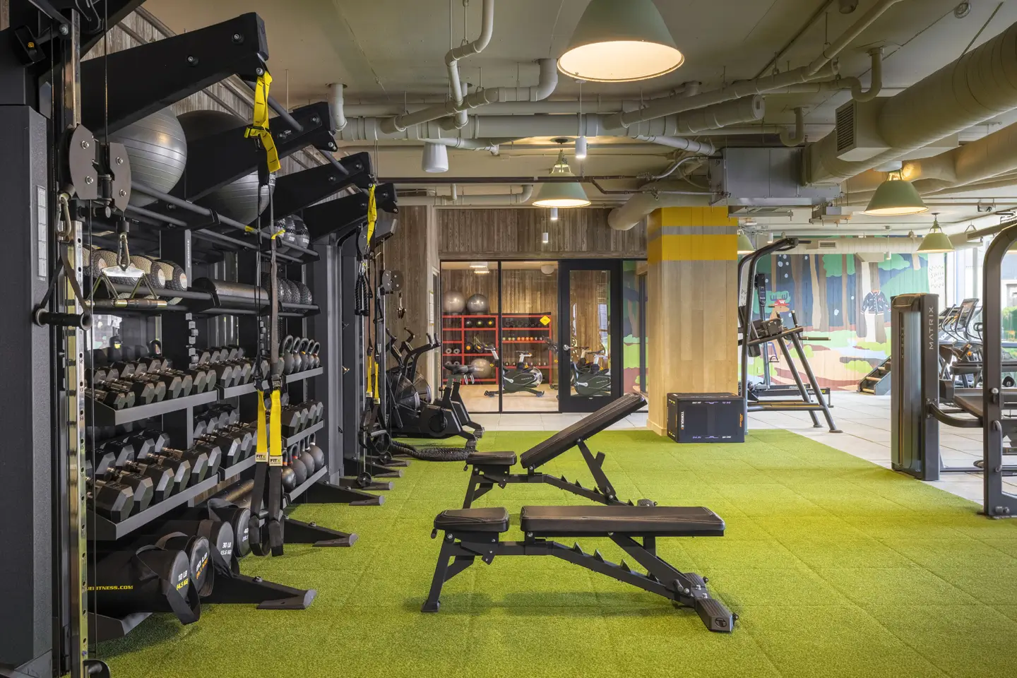 Apartment gym with weight benches and dynamic workout equipment.