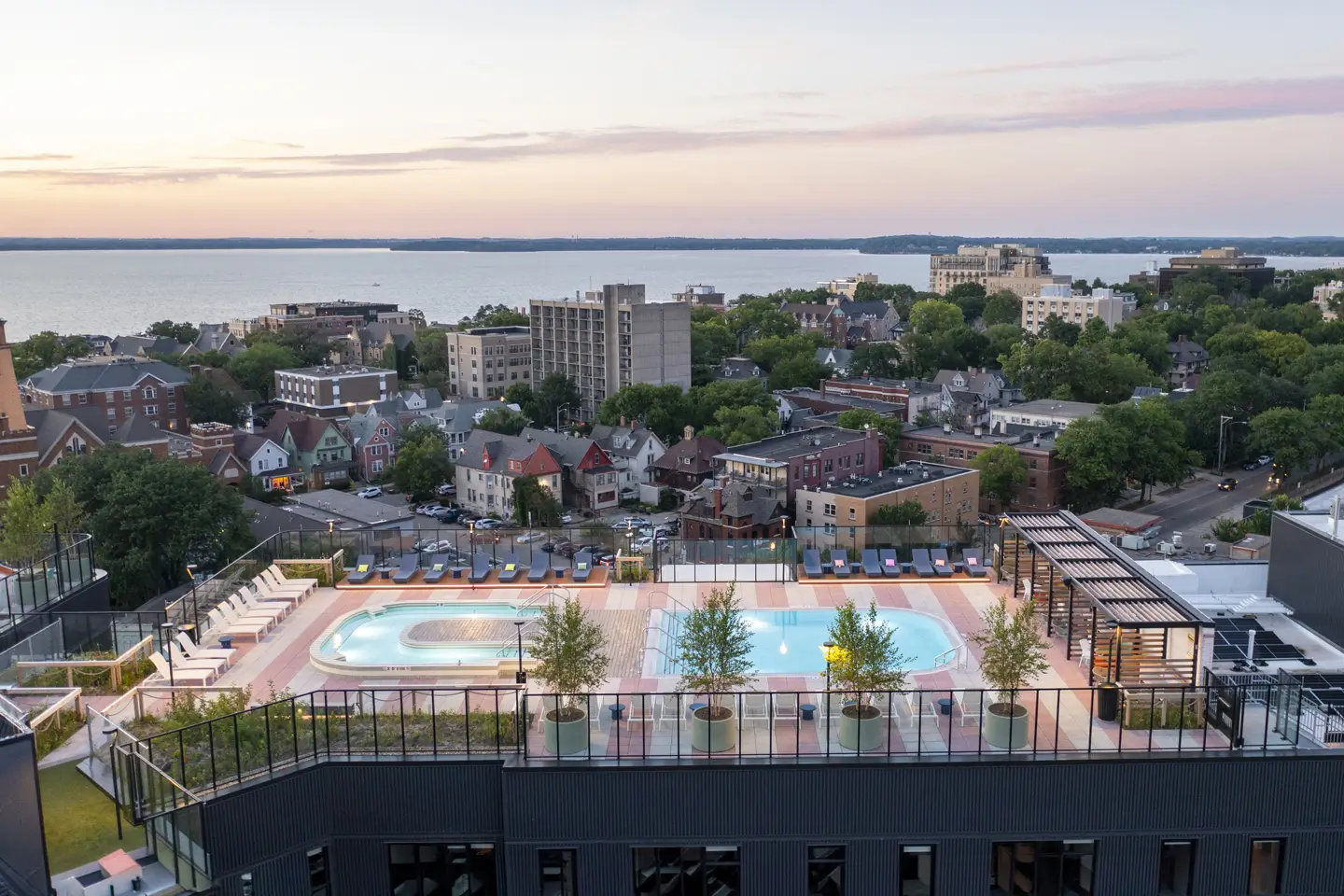 Arial view of oLiv Madison's rooftop pool.